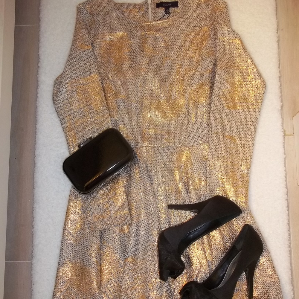 NWT Eclair Gold Metallic Tweed Dress Size Small